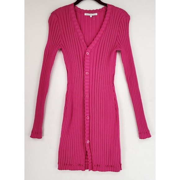 Endless Rose Dresses & Skirts - Endless Rose Dress Womens Small Pink Rulffe V Neck Ribbed Button Down Knit Mini